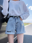 Дамски къси дънки с висока талия и цветна бродерия