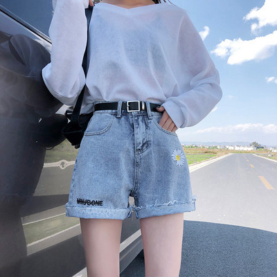 Дамски къси дънки с висока талия и цветна бродерия