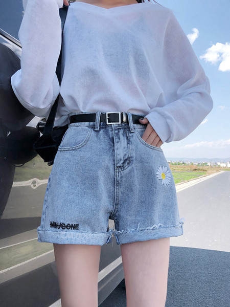 Дамски къси дънки с висока талия и цветна бродерия 