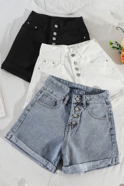 Ежедневни дамски къси дънки с висока талия и копчета - широк модел