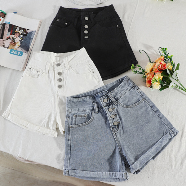 Ежедневни дамски къси дънки с висока талия и копчета - широк модел