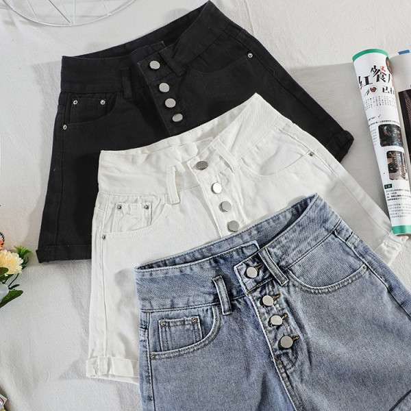 Ежедневни дамски къси дънки с висока талия и копчета - широк модел