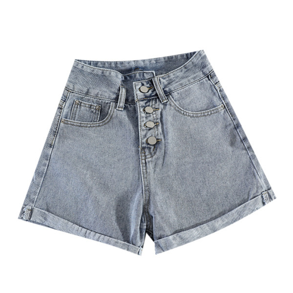 Ежедневни дамски къси дънки с висока талия и копчета - широк модел