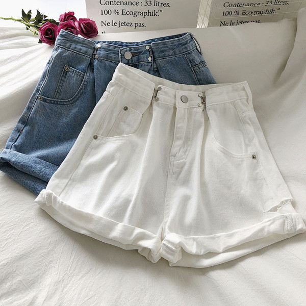 Широки дамски къси дънки с висока талия 