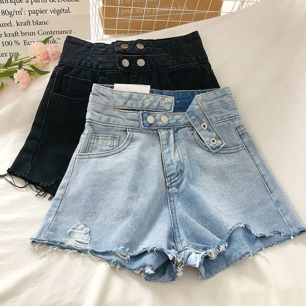 Дънкови дамски къси панталони с висока талия и скъсани мотиви 