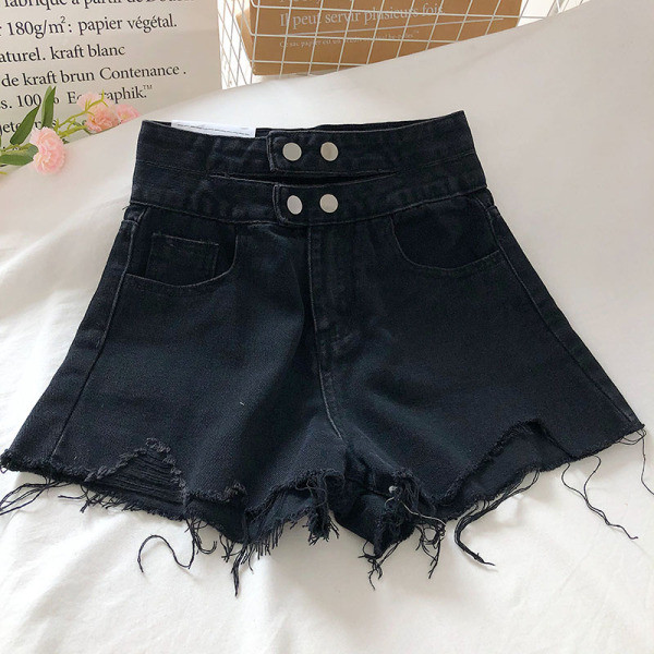 Дънкови дамски къси панталони с висока талия и скъсани мотиви 