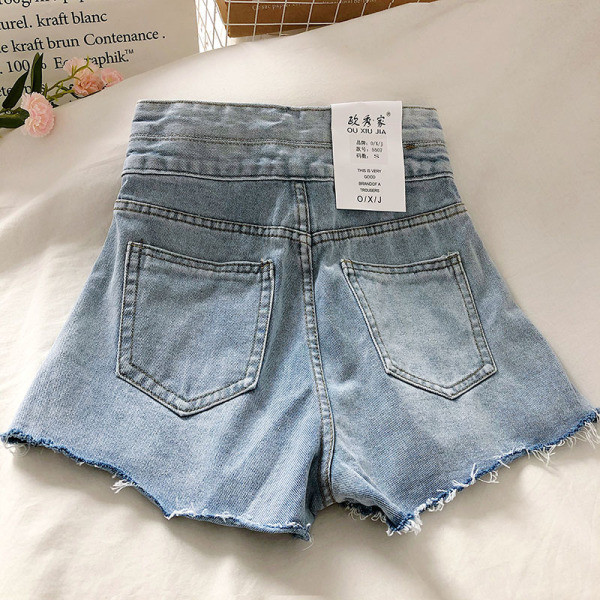 Дънкови дамски къси панталони с висока талия и скъсани мотиви 