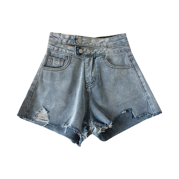 Дънкови дамски къси панталони с висока талия и скъсани мотиви 