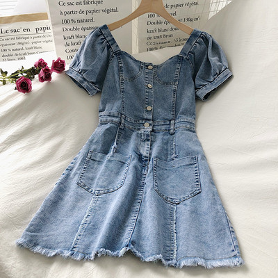 Модерна дамска дънкова рокля с къс ръкав 