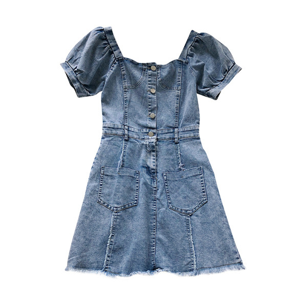 Модерна дамска дънкова рокля с къс ръкав 