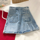 Дънкова дамска пола с висока талия и плисирана част