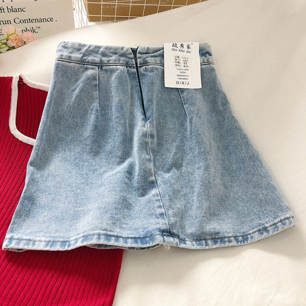 Дънкова дамска пола с висока талия и плисирана част 