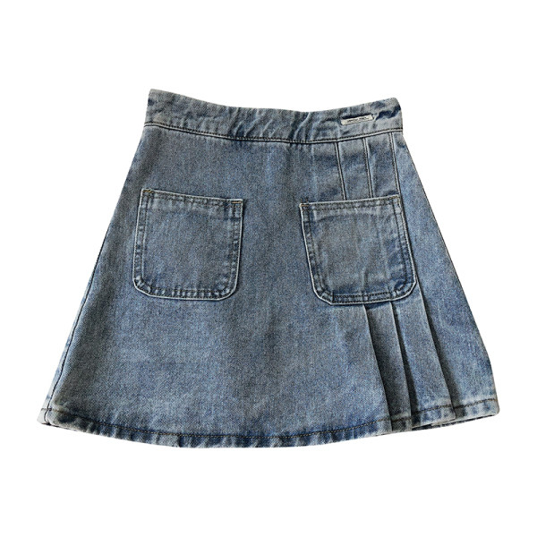 Дънкова дамска пола с висока талия и плисирана част 