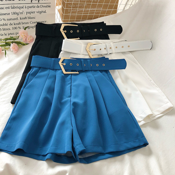 Модерни дамски панталони с висока талия и колан с метална катарама 