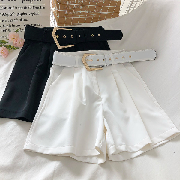 Модерни дамски панталони с висока талия и колан с метална катарама 