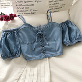 Къса дамска дънкова блуза с връзки 