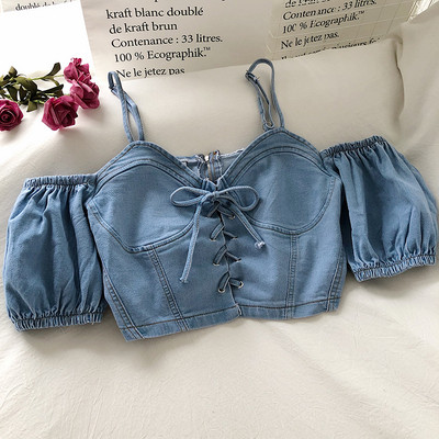 Къса дамска дънкова блуза с връзки 