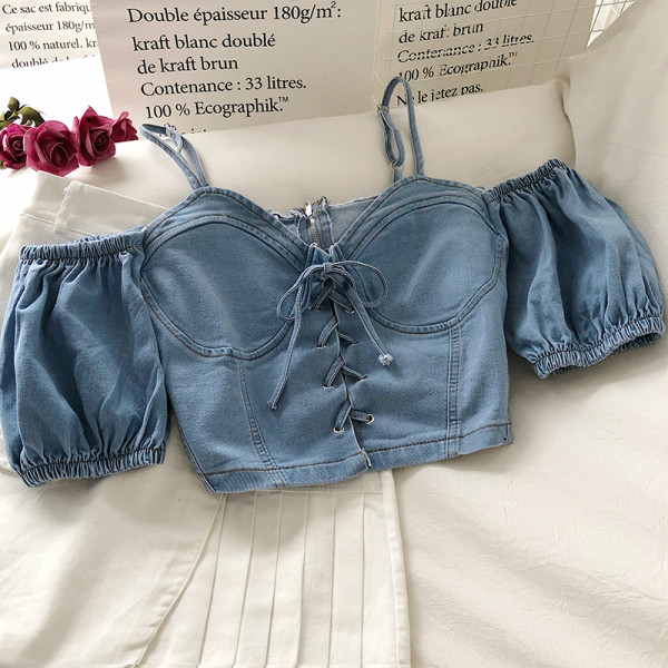 Къса дамска дънкова блуза с връзки 