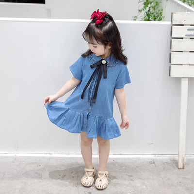 Детска дънкова рокля с къс ръкав и връзки