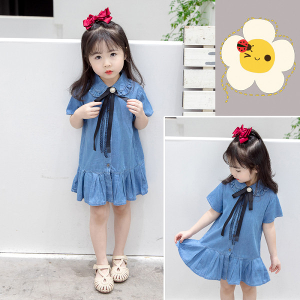 Детска дънкова рокля с къс ръкав и връзки