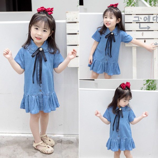 Детска дънкова рокля с къс ръкав и връзки