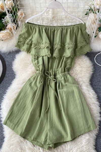 Дамски модерен гащеризон с паднали ръкави и връзки на талията