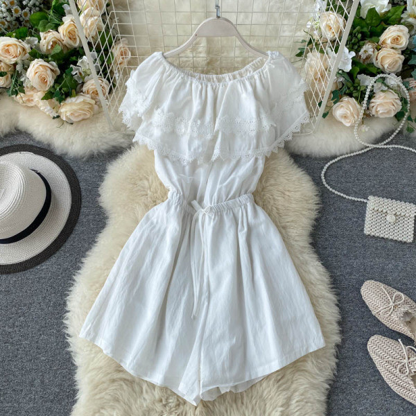 Дамски модерен гащеризон с паднали ръкави и връзки на талията