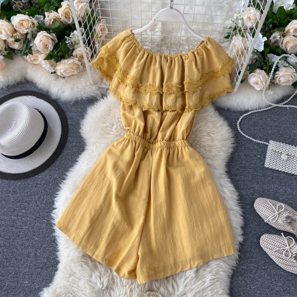 Дамски модерен гащеризон с паднали ръкави и връзки на талията