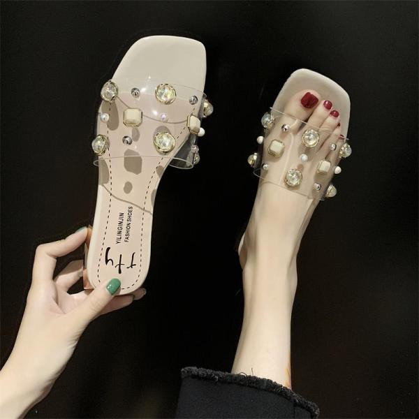 Модерни дамски чехли с камъни и нисък ток 