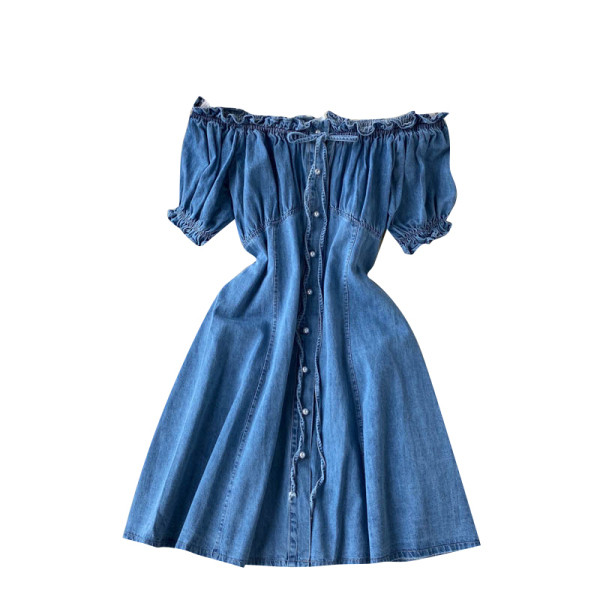 Дънкова дамска рокля с паднали ръкави и копчета