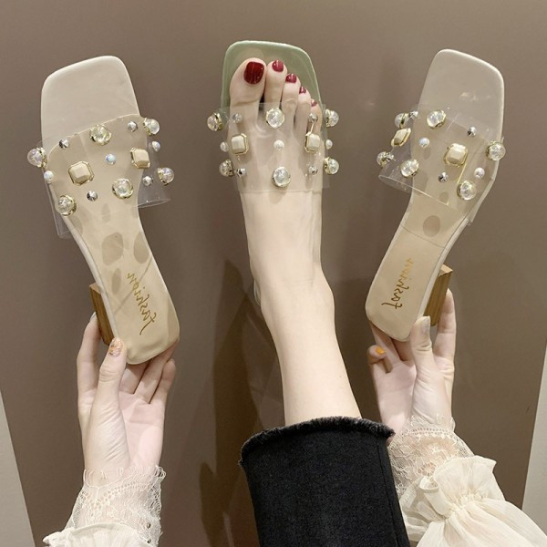 Модерни дамски чехли с квадратен връх и камъни 