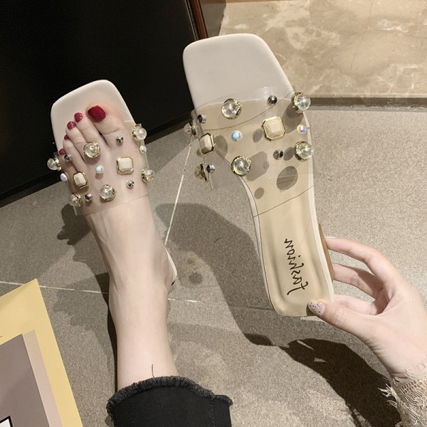 Модерни дамски чехли с квадратен връх и камъни 