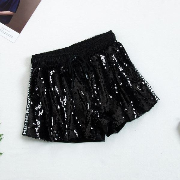 Къси дамски панталони широк модел с еластична талия и пайети