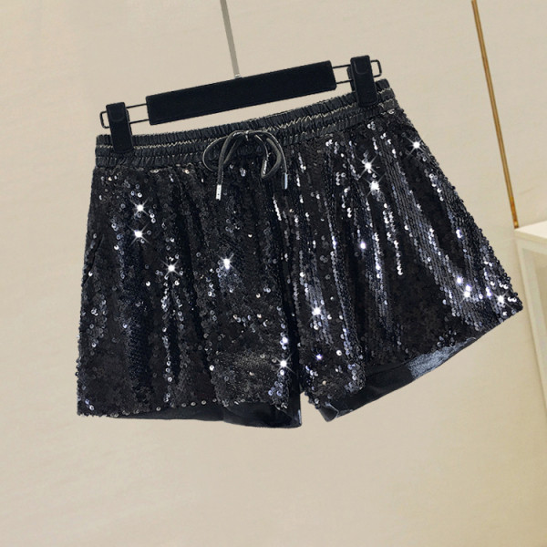 Лъскави къси панталони широк модел с висока талия и пайети