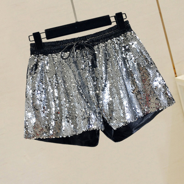 Лъскави къси панталони широк модел с висока талия и пайети