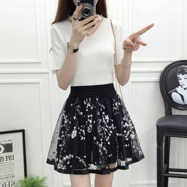 Разкроена дамска пола с висока талия и флорална бродерия