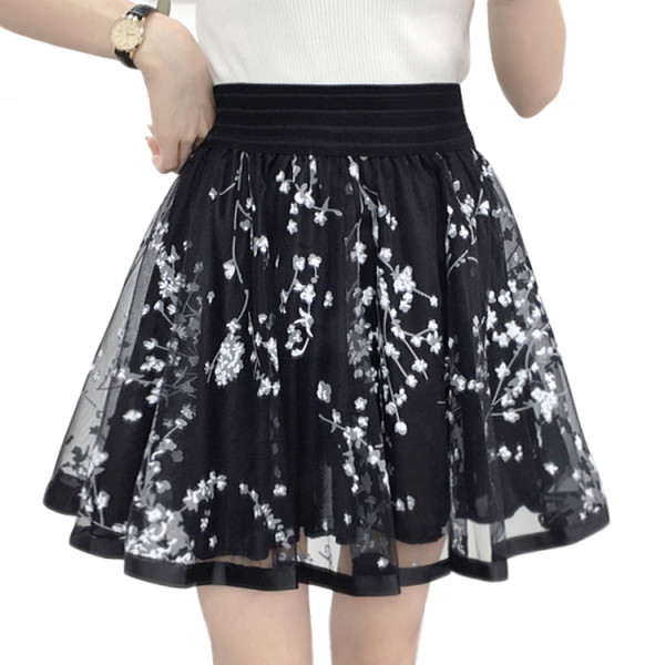 Разкроена дамска пола с висока талия и флорална бродерия