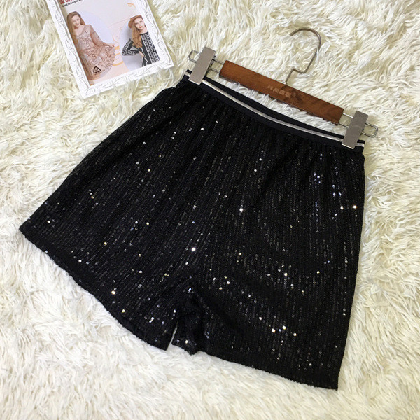 Модерни къси дамски панталони с висока талия и пайети