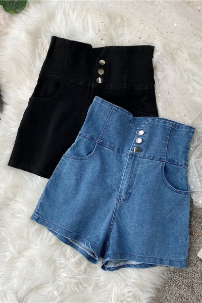 Къси дънкови панталони с висока талия и джобове