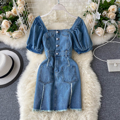 Rochie scurtă de damă din denim cu decolteu pătrat