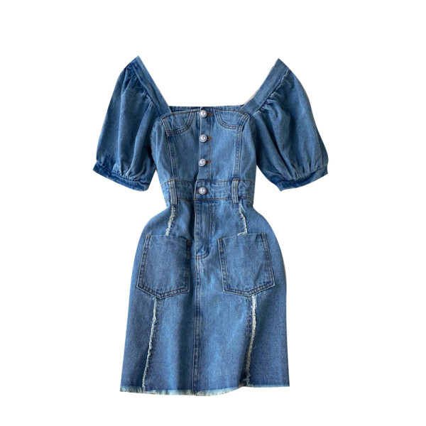 Къса дънкова дамска рокля с квадратно деколте