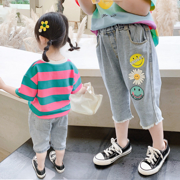 Ležerne dječje traperice za djevojčice s vezom i elastičnim strukom