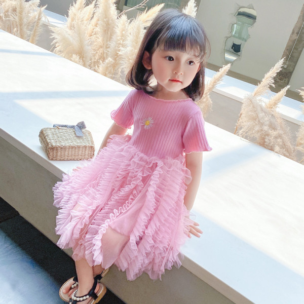 Стилна детска рокля с къс ръкав и тюл