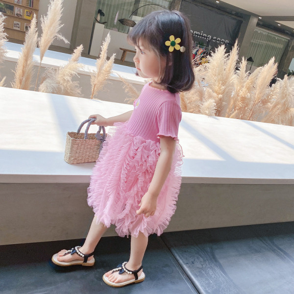 Стилна детска рокля с къс ръкав и тюл