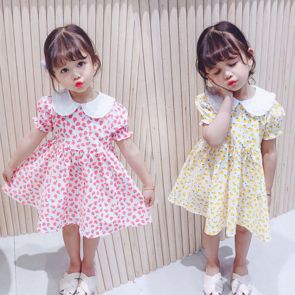 Стилна детска рокля с къс ръкав и обло деколте