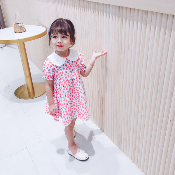 Стилна детска рокля с къс ръкав и обло деколте