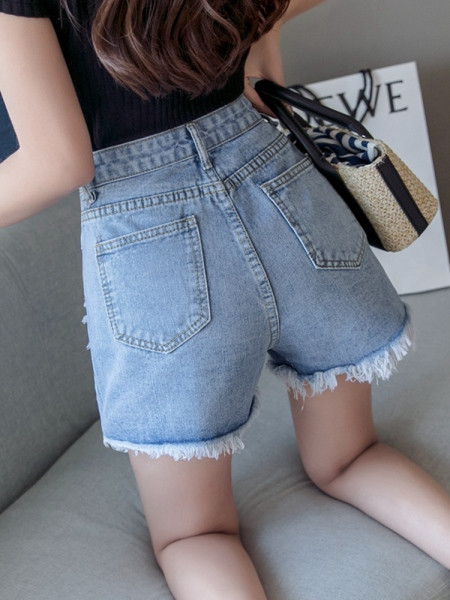 Дънкови къси панталони с висока талия и скъсани мотиви