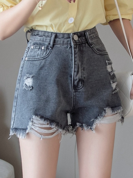 Дънкови къси панталони с висока талия и скъсани мотиви