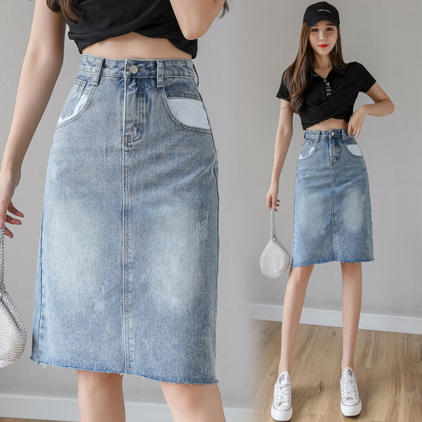 Актуална дамска дънкова пола с джобове и висока талия