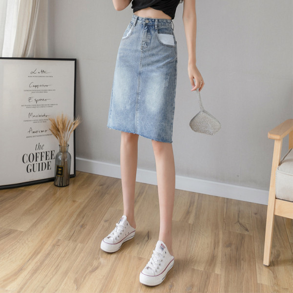 Актуална дамска дънкова пола с джобове и висока талия